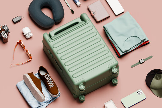 Neatly arranged luggage essentials. Suitcase, travel 3D concept 