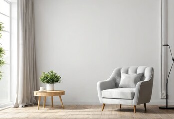 The interior has a armchair on empty white wall background