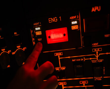 Detail Of A Hand Pressing Fire Security Button, Aircraft Cabin.