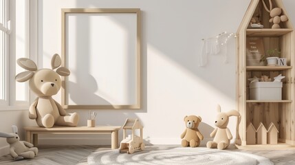 Mock up frame in children room with natural wooden furniture, 3D render. Background for business - obrazy, fototapety, plakaty