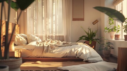 Home mockup, cozy bedroom interior background, 3d render