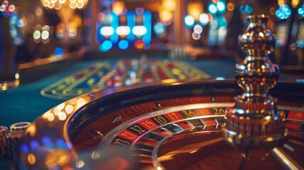 Close-up of roulette wheel in action - A close-up shot emphasizing the blur of a spinning roulette wheel in a dynamic casino setting