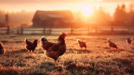 Rooster leading hens at sunrise in a farm - A majestic rooster leads his flock in the warmth of sunrise, depicting rural farm life in an idyllic setting - obrazy, fototapety, plakaty