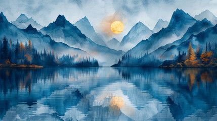 Naklejka premium Landscape watercolor art background with mountains and hills on the sea or lake in blue and gold colors. Vector banner in a minimalistic style for decoration, print, wallpaper, interior design.