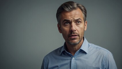 Fototapeta premium Confused, businessman and studio portrait uncertain, puzzled employee with idea for question, Professional, wondering expression for corporate job, thinking and scratching head on isolated background