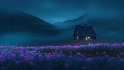 House with windows light in the middle of Lavender flowers plantation farm field in misty night - Powered by Adobe