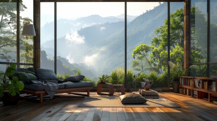 Modern living room with mountain view - A sleek and sophisticated modern living room with large windows showcasing a breathtaking mountain view and lush greenery - obrazy, fototapety, plakaty