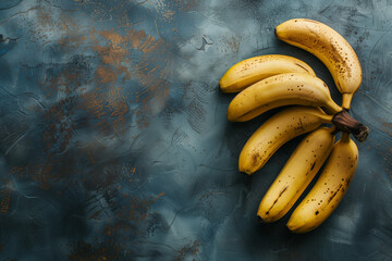 Bananas in copy space, A bunch of bananas are sitting on a blue surface, The bananas are ripe and have brown spots on them - Powered by Adobe