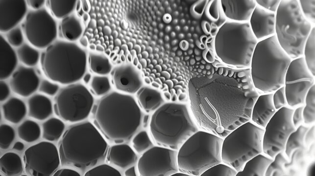 Electron microscope image of a single plant pollen grain revealing its highly detailed and intricate surface with tiny crevices and