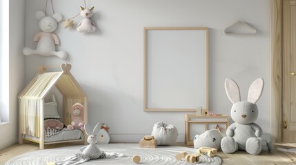 Fototapeta na wymiar Mock up frame in children room with natural wooden furniture, 3D render. Background for business