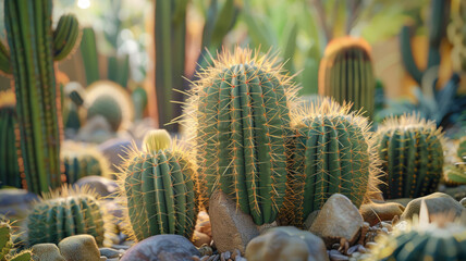 Vibrant Cactus Garden at Sunset - A wide array of cacti basking in the warm glow of a sunset, showcasing the variety and resilience of desert flora