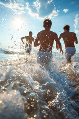 Obraz premium A joyful crowd of friends splash around in the ocean waves, their laughter echoing against the backdrop of a setting sun