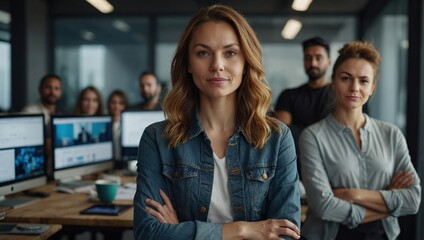 Creative, portrait and confident woman at work for startup company or agency, plan and designer for advertising business, Female person, arms crossed and employees, proud and together for teamwork - Powered by Adobe