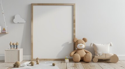 Mock up frame in unisex children room interior background, 3D render. Background for business