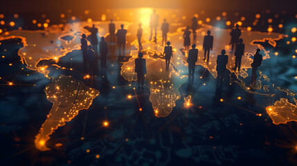 Obraz premium Business network concept with business people silhouettes standing on the world map and connecting in the style of glowing connections