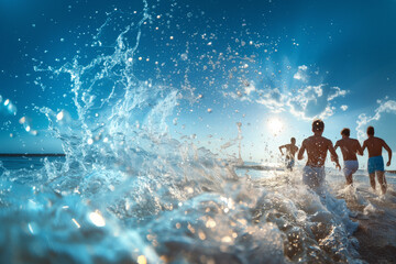 Young people run through the sparkling ocean waters, with the sun overhead casting a radiant glow over their lively play. Enjoying the beach and welcoming the summer.