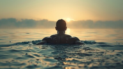 Person swimming towards sunrise in a tranquil sea