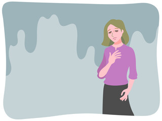 うつ病で気持ちが落ち込み胸に手を当てて考え込んでいる若い女性とどんよりと暗い心象風景の背景