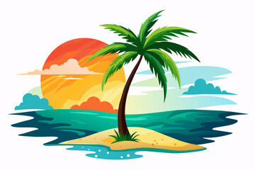 beach palm-sun-watercolor-white-background vector 