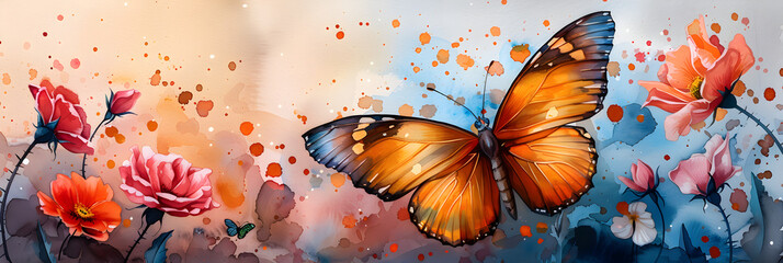 background with a flower,
 bright tropical butterflies on delicate rose flo