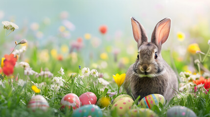Fototapeta na wymiar cute easter bunny rabbit with colorful painted eggs on green meadow with flowers springtime background