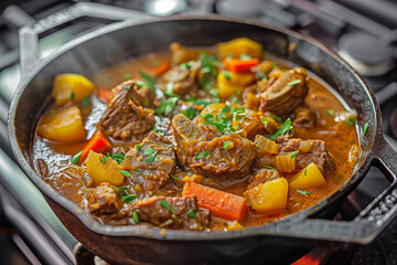 A Beef Stew, Slow-Cooked in a Traditional Cast-Iron Pot in a Classic Kitchen. This Dish, Offering Homely Warmth and Comfort, Promises a Much-Awaited Mealtime