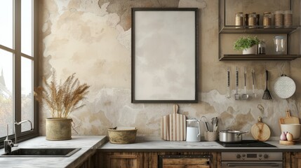 Mock up poster frame in kitchen interior, Farmhouse style, 3d render. Background for business