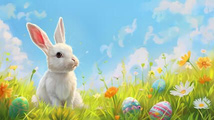 cute easter bunny rabbit with colorful painted eggs on green meadow with flowers springtime background
