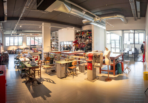 Interior of leather recycling fashion factory