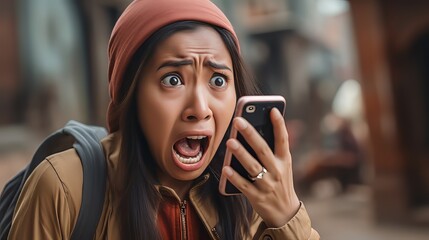 Asian Woman Shock while checking phone - obrazy, fototapety, plakaty
