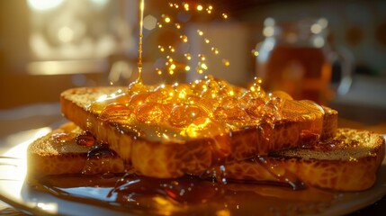 Golden syrup pouring on French toast.