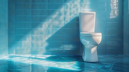 Toilet bowl in modern bathroom with blue tile wall.