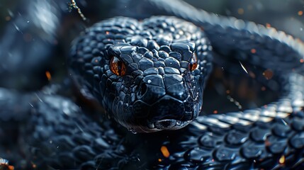 Closeup Black Snake Reptile - obrazy, fototapety, plakaty