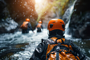 a group of equipped adventurers embarks on a journey down a foggy river, navigating through the...