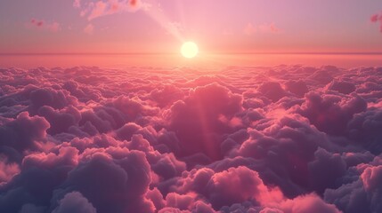 Ethereal sunrise over a sea of clouds in warm pink tones