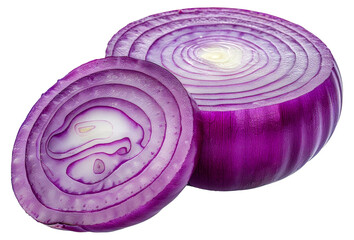 A close up of a purple onion with a slice missing, cut out - stock png.