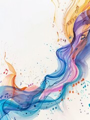 Elegant music note flow on artistic backdrop - Fluid waves with colorful music notes over a white artistic background symbolizing creativity - obrazy, fototapety, plakaty