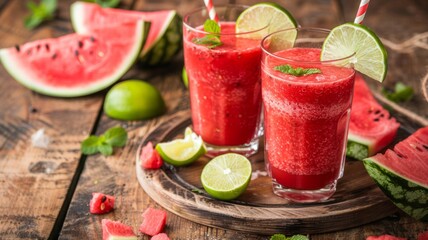 Tasty red watermelon smoothie with garnishes - Freshly made watermelon drink in glasses with lime, mint, and straws, wooden surface