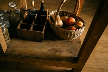  basket with pumpkins & gourds on a table in rustic table
