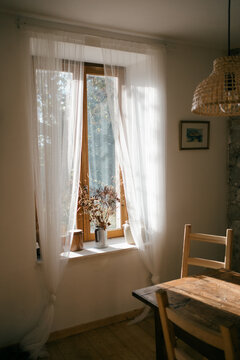 light shining through fresh windows with lace curtains 