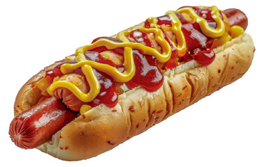 A hot dog with mustard and ketchup on a bun, cut out - stock png.