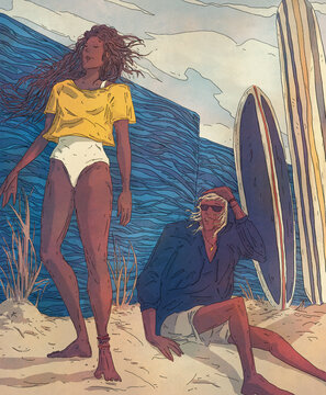 Woman and man are going to surf