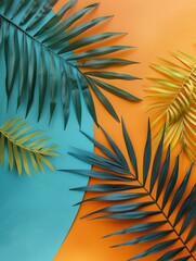 Fototapeta na wymiar Vibrant tropical leaves on dual-tone background - The image displays a stunning contrast of lush green tropical leaves on a vibrant orange and turquoise background, evoking a sense of tropical paradis