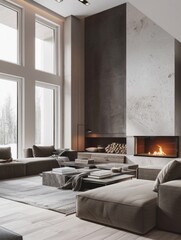 Contemporary design living room with fireplace - This contemporary living room features high ceilings, minimalist fireplace design, and large windows giving a luxurious and modern feel to the interior