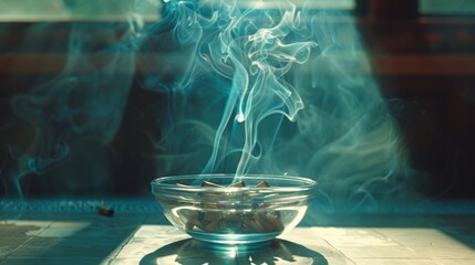 Curling smoke from a bowl of ash in dim light