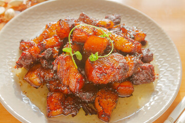 Chinese cuisine red braised pork belly close up. hong shao rou.