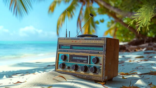 Radio on paradise beach during summer vacation. seamless looping 4k time-lapse video background