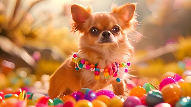 Chihuahua Amongst Colorful Easter Candies with Ai generated.
