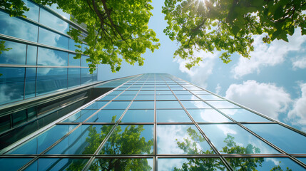 Low angle view. Eco-friendly building in the modern city, Sustainable glass office building with tree for reducing heat and carbon dioxide