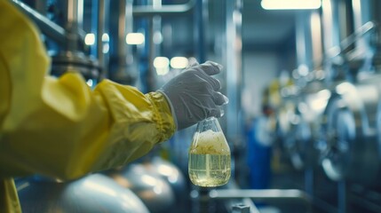 In a large industrial facility workers are shown extracting a clear liquid from crushed plant matter. This liquid which contains the essential oils from the crops will be processed . - obrazy, fototapety, plakaty